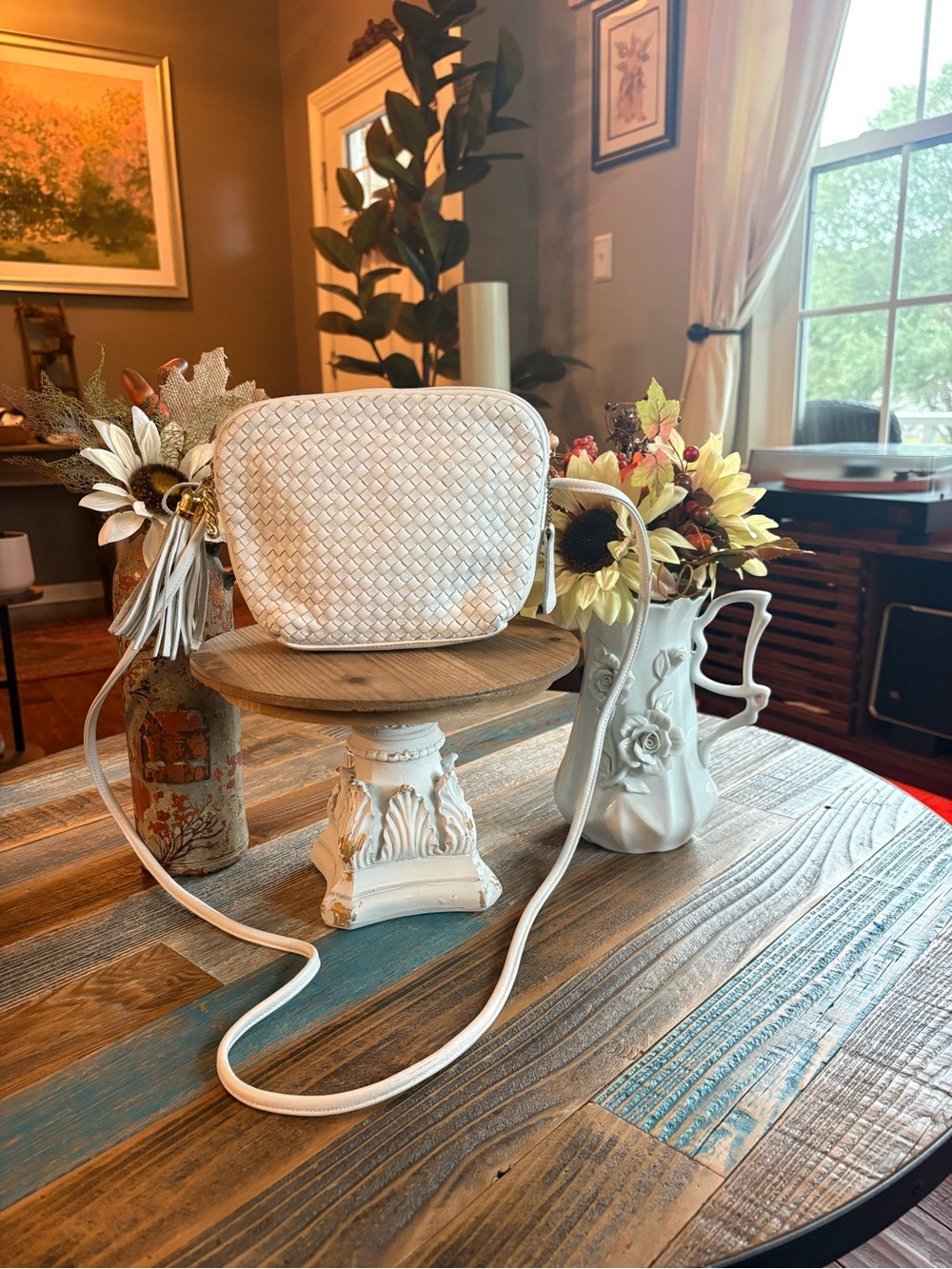 Jacqueline Ferrar Ivory Woven Leather Crossbody Bag with Tassels